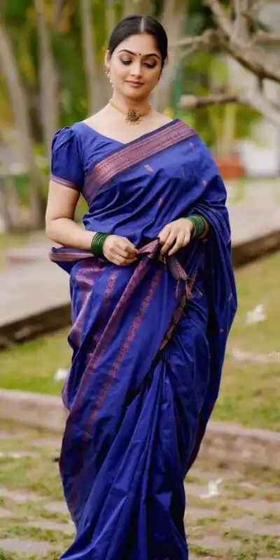Shiny Royal Blue Soft Lichi Silk Lace Border Work Saree
