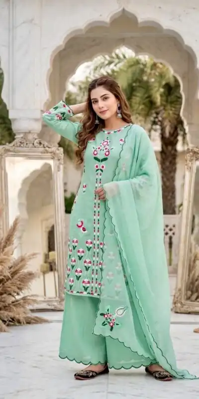 Shiny Sea Green Vertical Embroidery Cut Work Salwar Suit