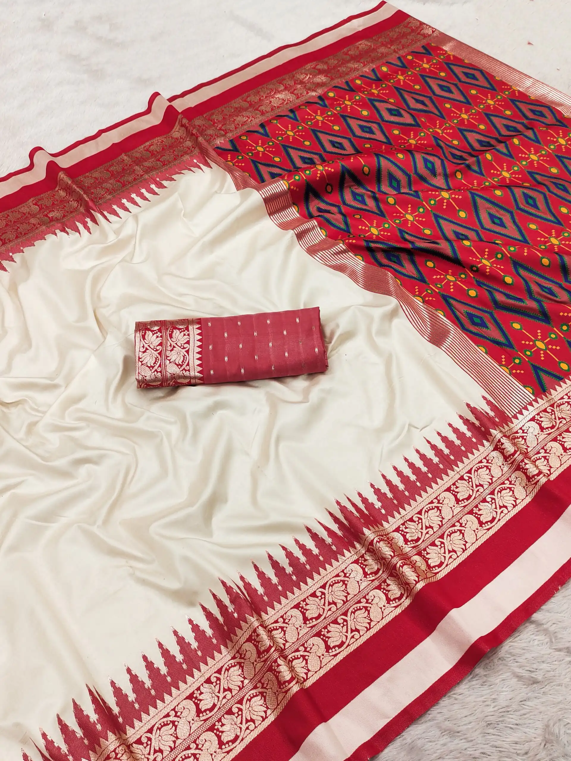 Shiny White Soft Crafted Print Moti Zari Work Saree