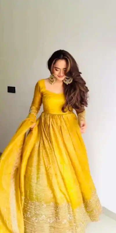 Shiny Yellow Gold Crush Embroidery Work Gown