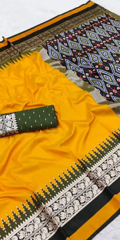 Shiny Yellow Soft Crafted Print Moti Zari Work Saree