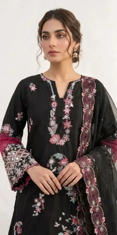 Simple Black Crape Silk Embroidery Work Salwar Suit