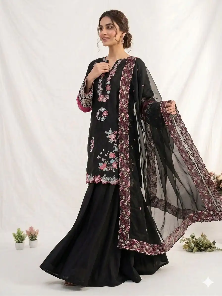 Simple Black Crape Silk Embroidery Work Salwar Suit