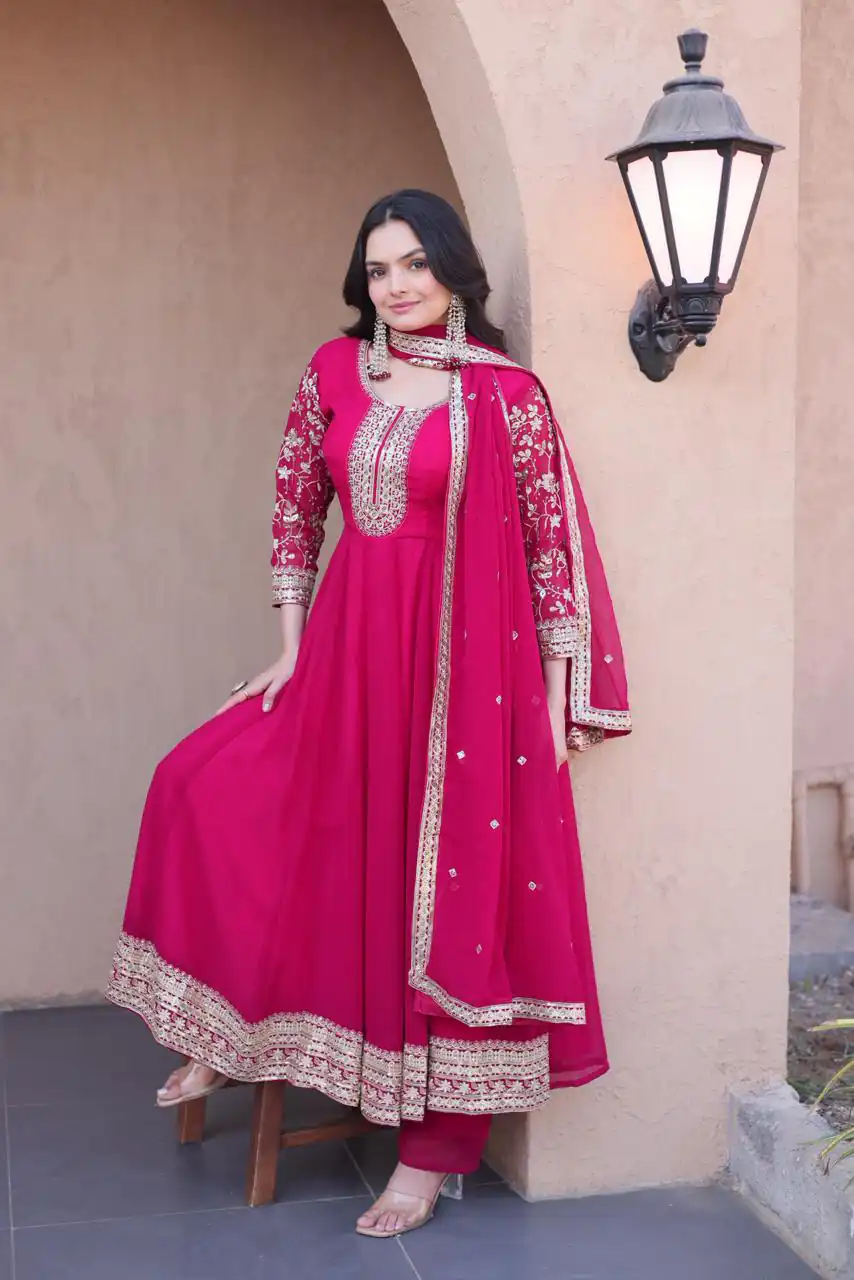 Simple Pink Faux Blooming Embroidery Zari Work Gown