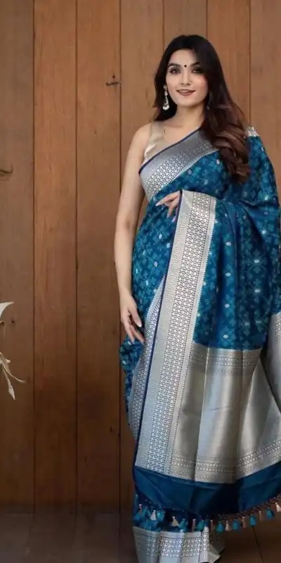 Simple Teal Soft Lichi Silk Jacquard Work Saree