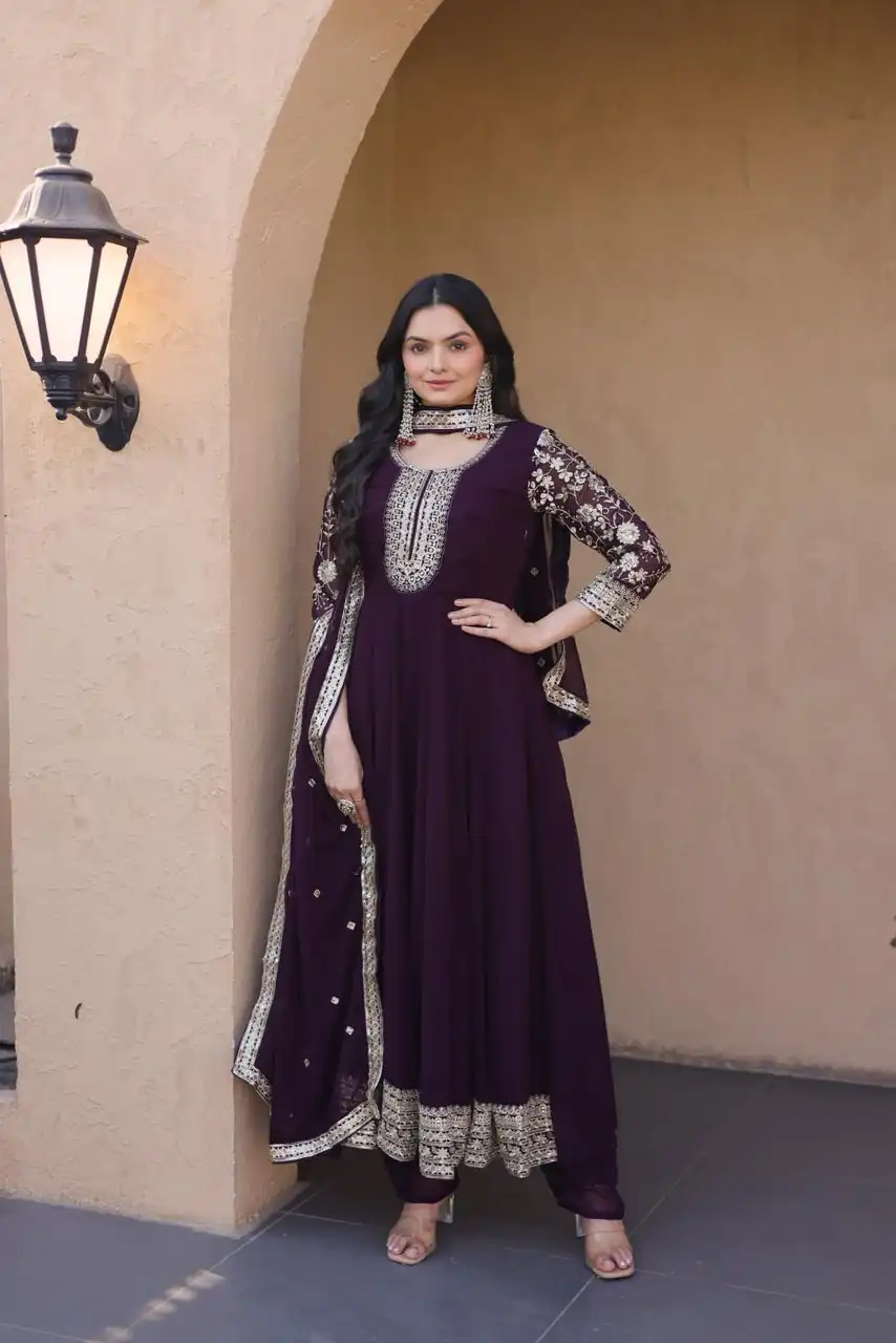 Simple Wine Faux Blooming Embroidery Zari Work Gown