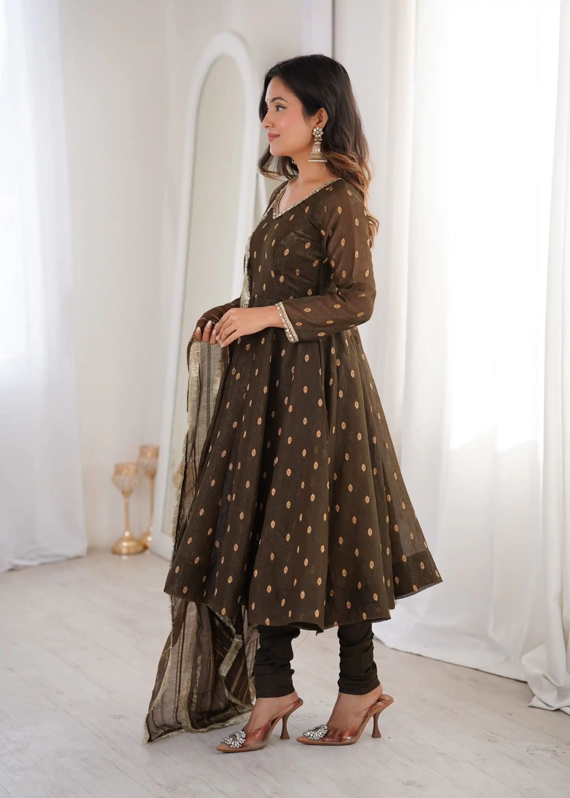 Stunning Brown Crunchy Silk Jacquard Work Gown