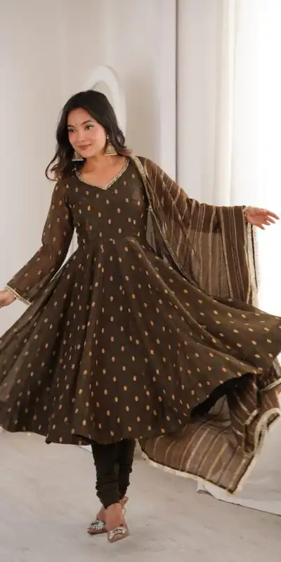 Stunning Brown Crunchy Silk Jacquard Work Gown