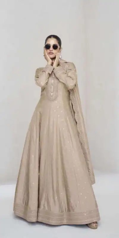 Stunning Cream Vichitra Embroider Work Gown