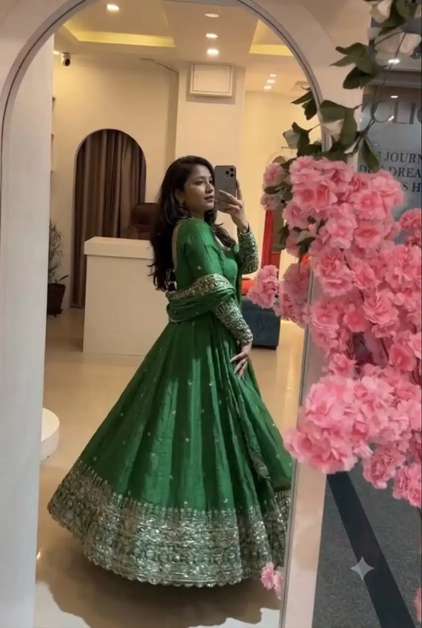 Stunning Green Crunchy Silk Embroidery Work Gown