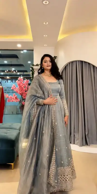 Stunning Grey Crunchy Silk Embroider Work Gown