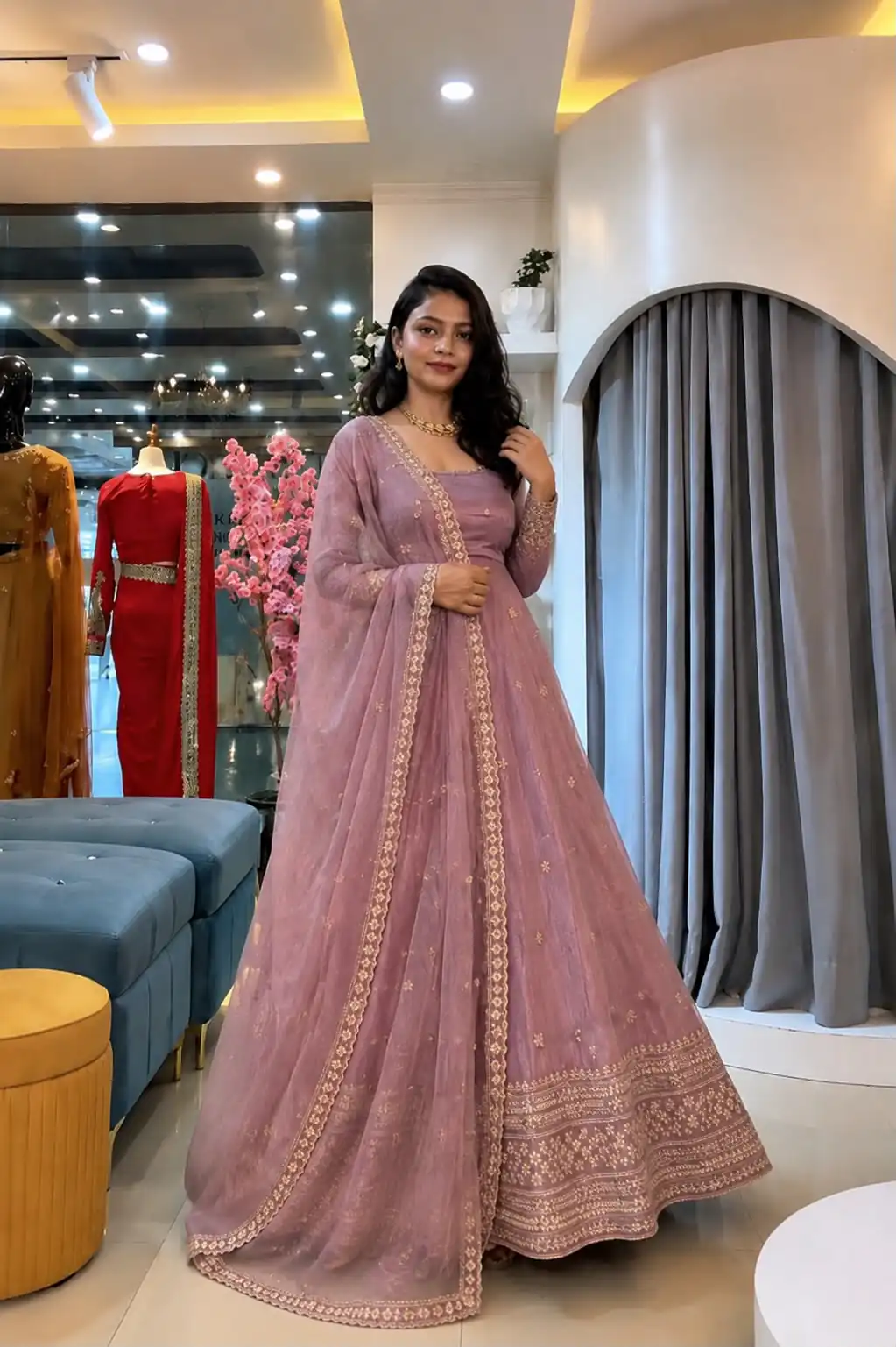 Stunning Pink Crunchy Silk Embroider Work Gown