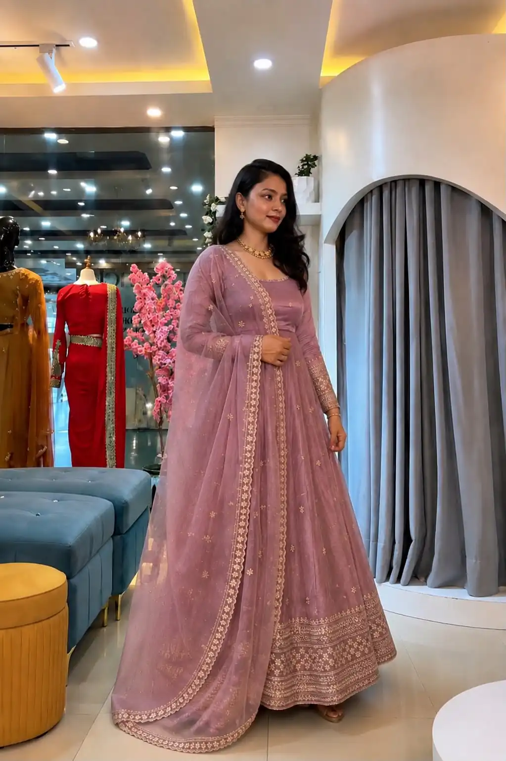 Stunning Pink Crunchy Silk Embroider Work Gown