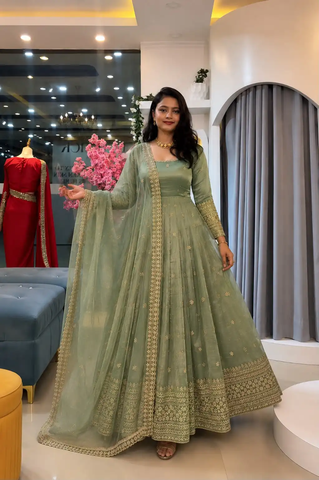Stunning Pista Crunchy Silk Embroider Work Gown