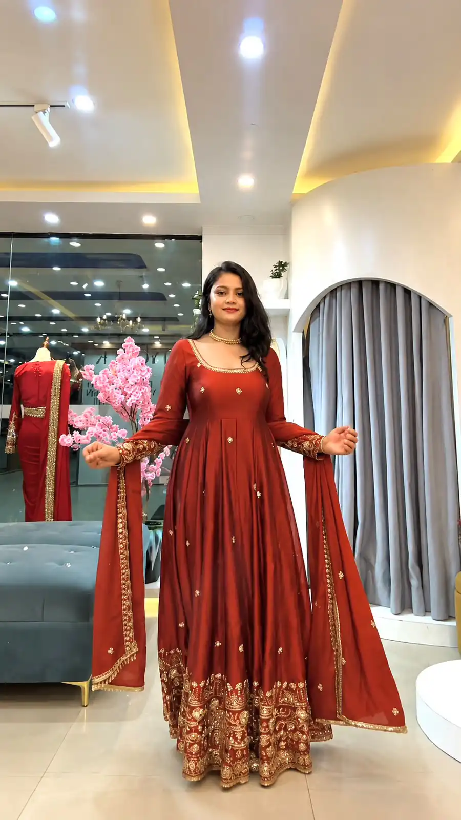 Stunning Red Crunchy Silk Embroidery Work Gown