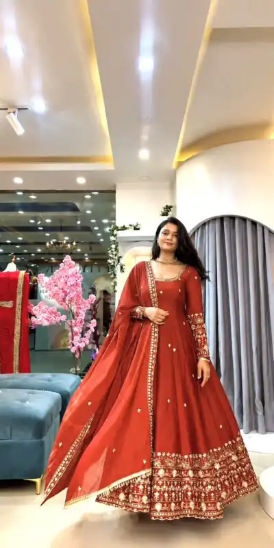 Stunning Red Crunchy Silk Embroidery Work Gown