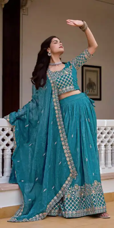 Stunning Teal Crunchy Embroidery Work Lehenga Choli .