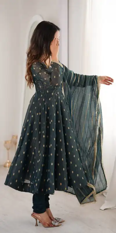 Stunning Teal Crunchy Silk Jacquard Work Gown