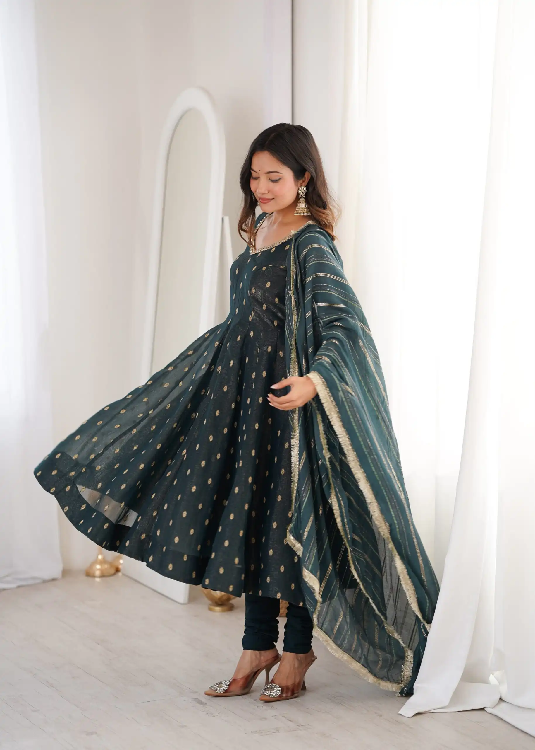 Stunning Teal Crunchy Silk Jacquard Work Gown