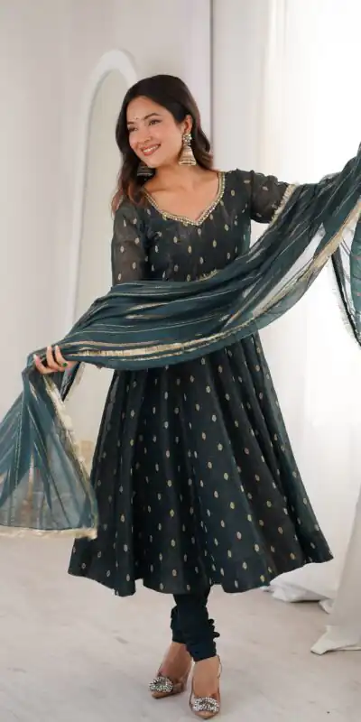 Stunning Teal Crunchy Silk Jacquard Work Gown