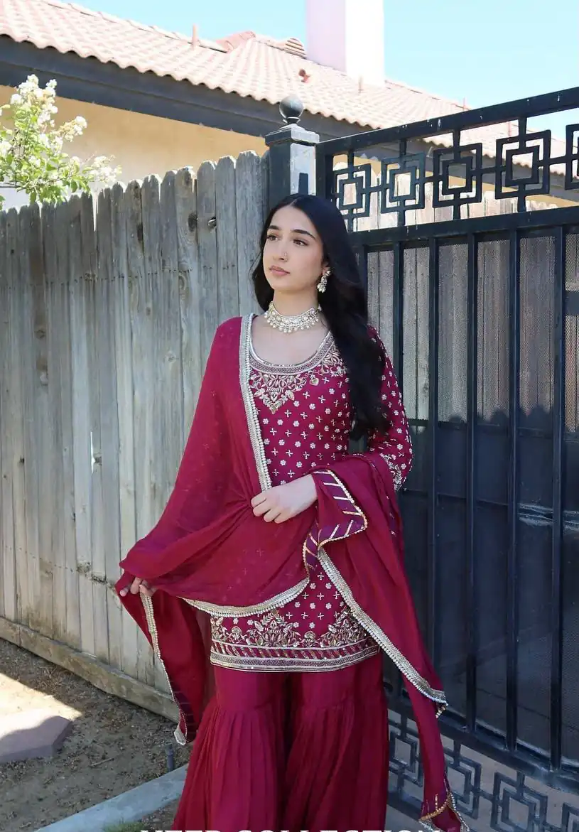 Stylish Red Natural Crepe Sequin Work Salwar Suit