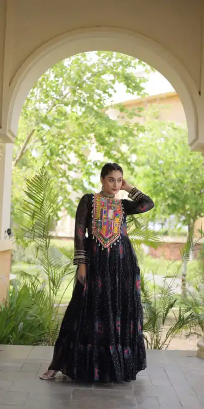 Stylist Black Faux Georgette Bandhani Print Work Gown