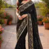 Stylist Black Star Georgette Lace Embroidery Work Saree