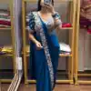 Stylist Blue Chinon Bead Embroidery Work Saree