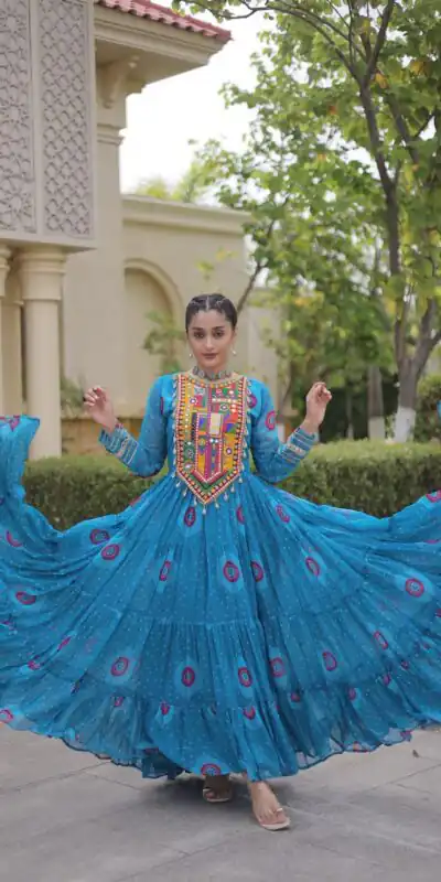 Stylist Blue Faux Georgette Bandhani Print Work Gown