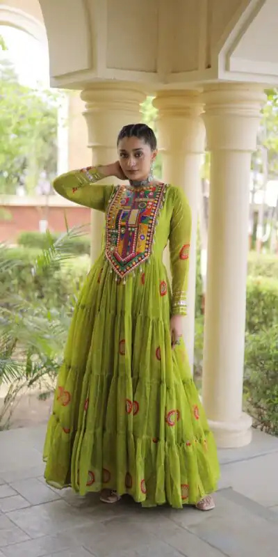 Stylist Green Faux Georgette Bandhani Print Work Gown