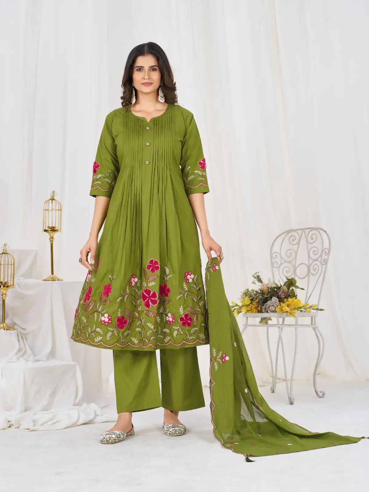 Stylist Green Pure Cotton Embroidery Cut Work Salwar Suit