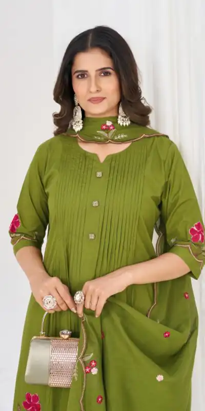Stylist Green Pure Cotton Embroidery Cut Work Salwar Suit