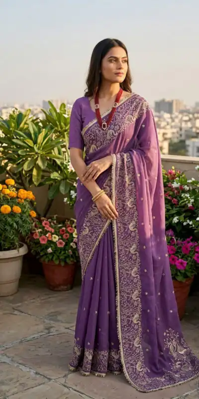 Stylist Lavender Star Georgette Lace Embroidery Work Saree