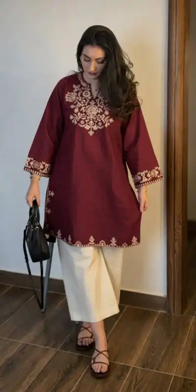 Stylist Maroon Rayon Cotton Embroidery Work Kurti