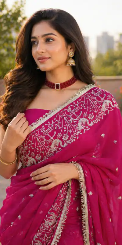 Stylist Pink Star Georgette Lace Embroidery Work Saree