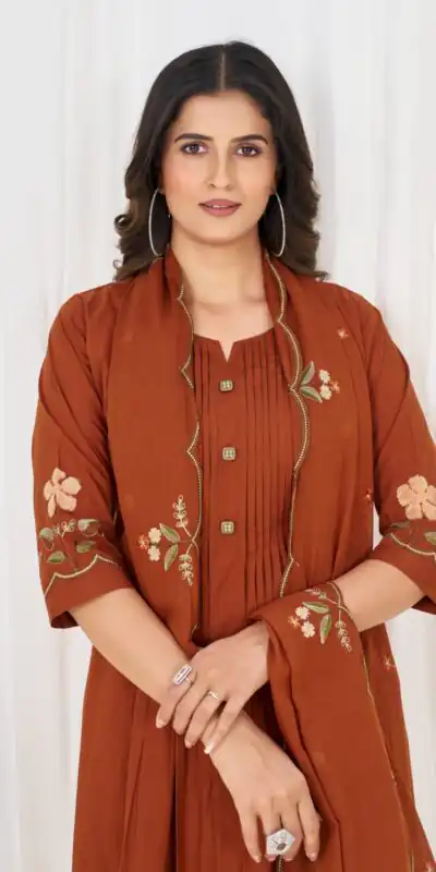 Stylist Rust Pure Cotton Embroidery Cut Work Salwar Suit