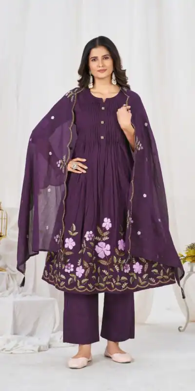 Stylist Wine Pure Cotton Embroidery Cut Work Salwar Suit