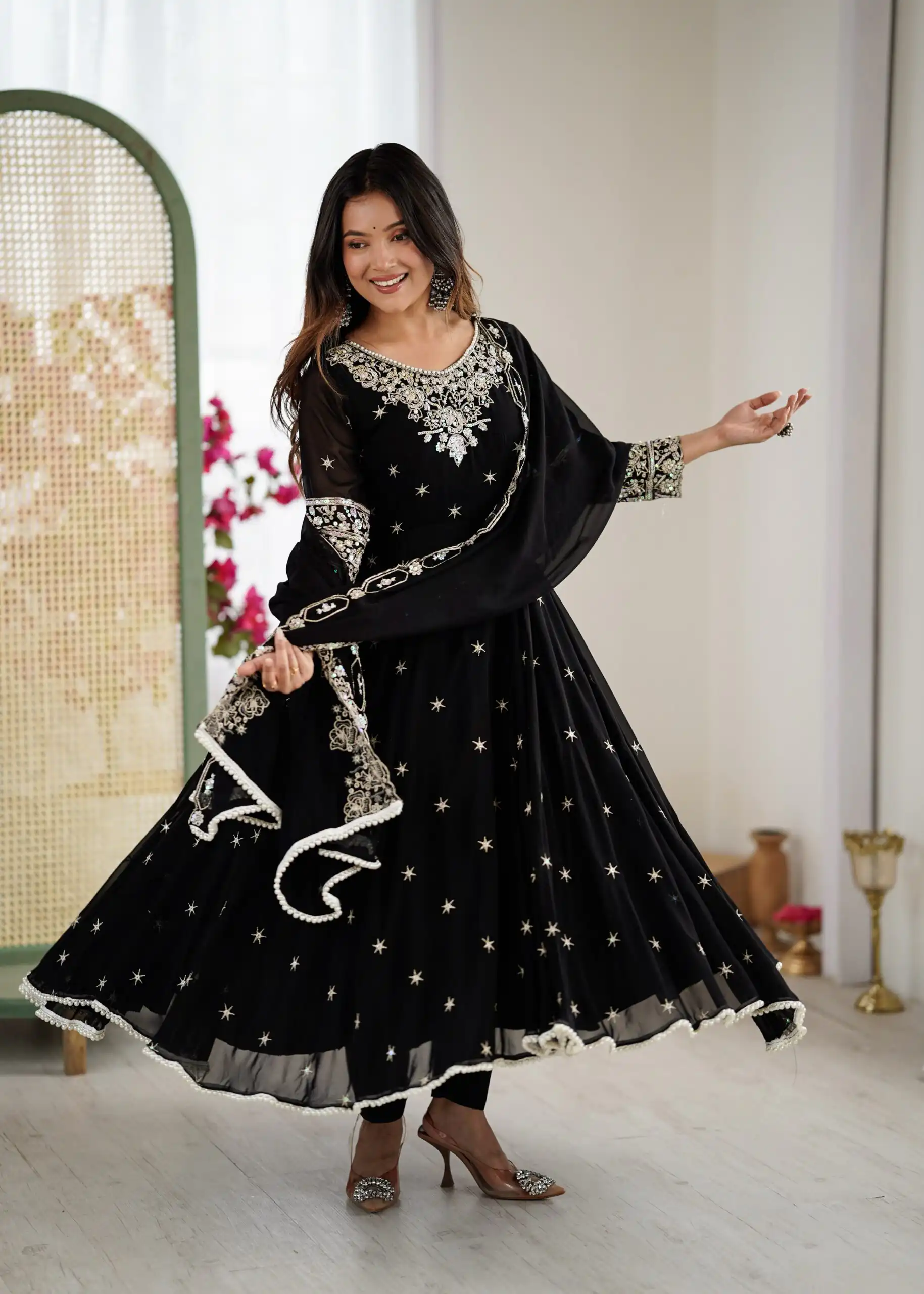 Super Black Blooming Faux Embroidery Work Gown