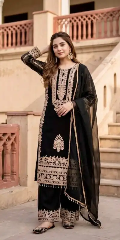 Super Black Faux Georgette With Lace Work Salwar Suit