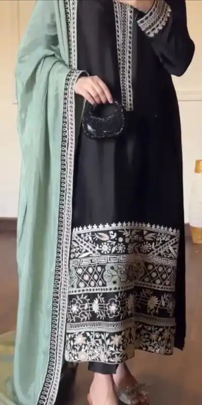 Super Black Glass Thread Embroidery Work Salwar Suit