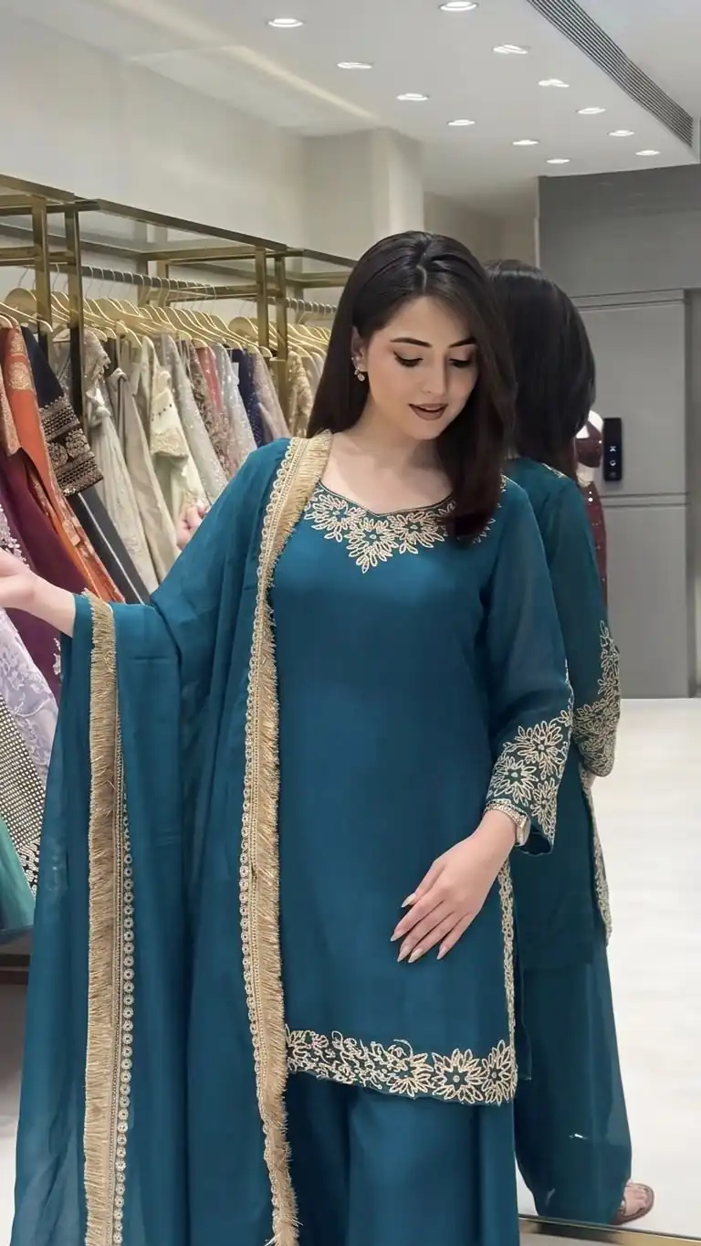 Super Blue Blooming Faux ⁠Sequins Lace Work Salwar Suit
