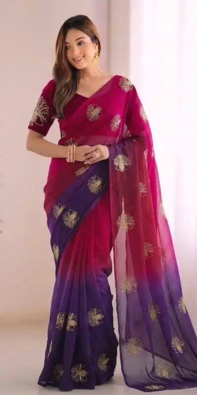 Super Purple Fendy Silk Embroidery Work Saree