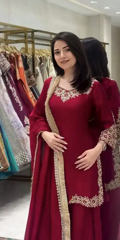 Super Red Blooming Faux ⁠Sequins Lace Work Salwar Suit