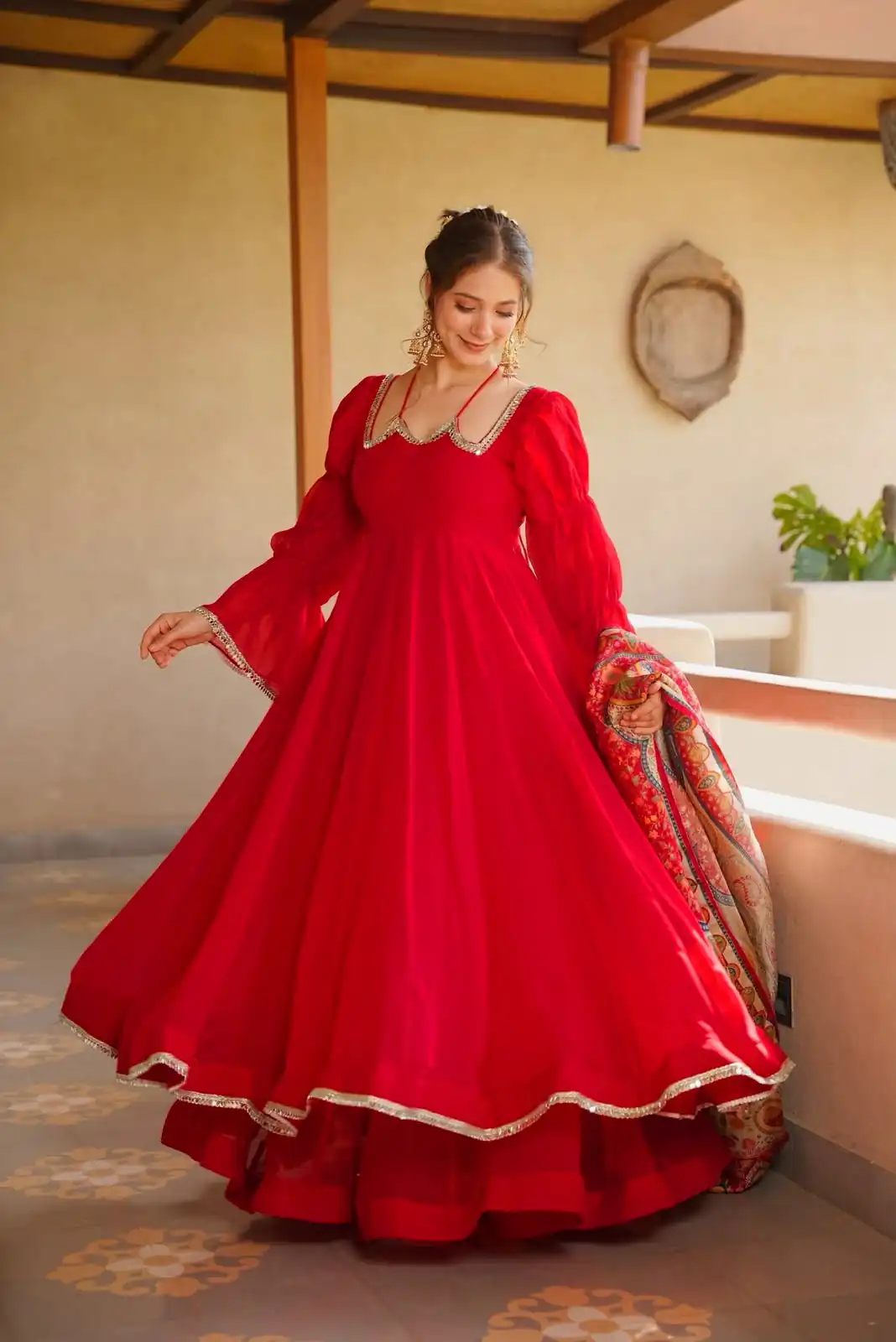 Super Red Tabby Silk Mirror Work Digital Print Anarkali Suit