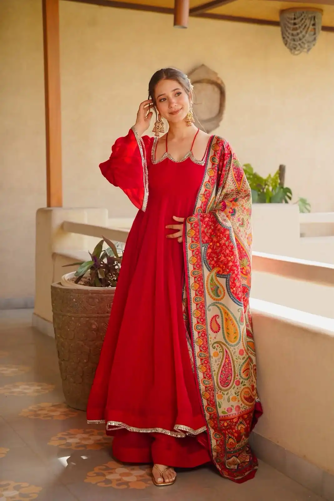 Super Red Tabby Silk Mirror Work Digital Print Anarkali Suit
