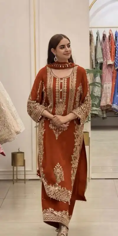 Super Rust Faux Georgette Embroidery Work Salwar Suit