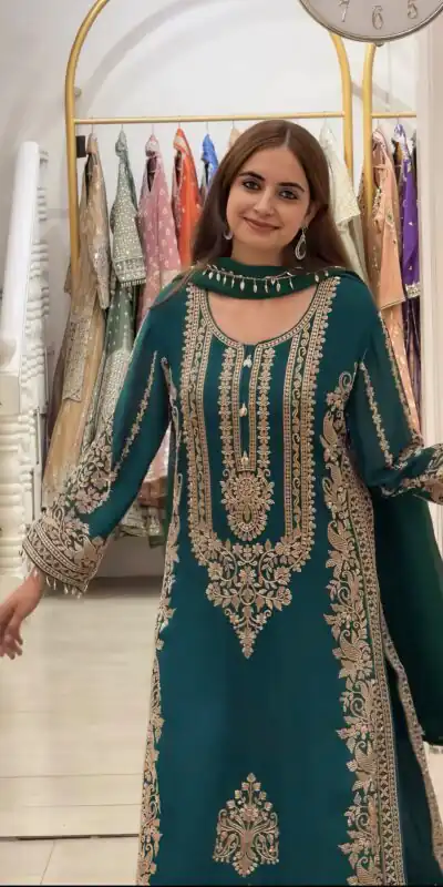 Super Teal Faux Georgette Embroidery Work Salwar Suit