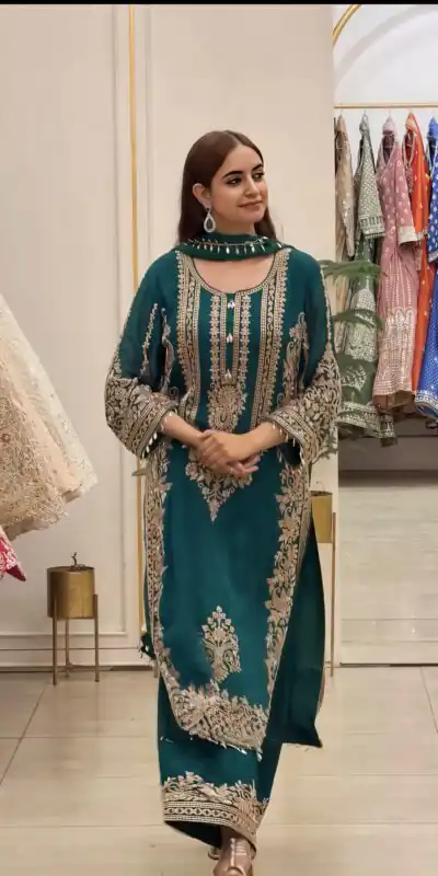 Super Teal Faux Georgette Embroidery Work Salwar Suit