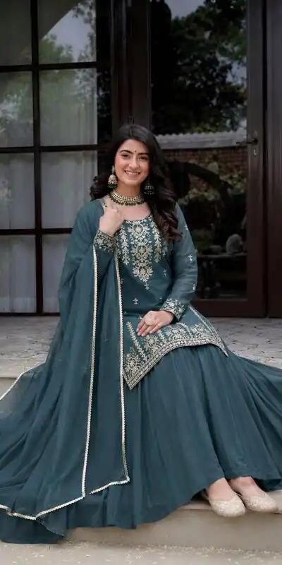 Super Teal Roman Cotton Embroidery Work Lehenga Choli