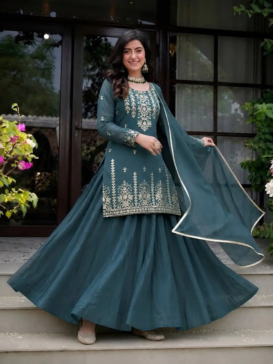 Super Teal Roman Cotton Embroidery Work Lehenga Choli